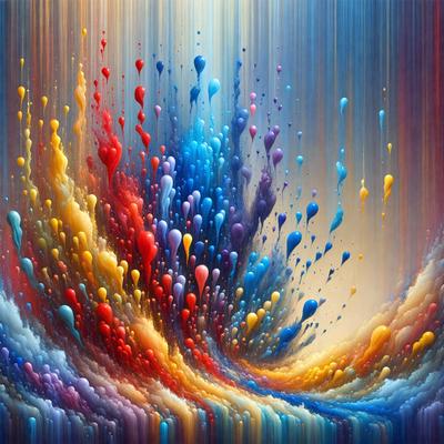 The primary subject of the image is a colorful, abstract painting featuring a mix of red, blue, yellow, and purple colors. The painting is displayed on a wall, creating a vibrant and lively atmosphere. The visual style of the painting is a combination of digital art and illustration, giving it a unique and artistic appearance. The colors and mood of the painting evoke a sense of creativity and energy, making it an eye-catching and memorable piece of art.
